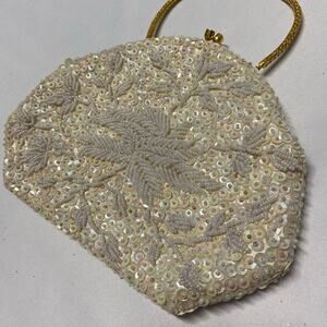 Purse By Simon Vintage Iridescent Beaded Sequin Kiss Close Handled Clutch EUC